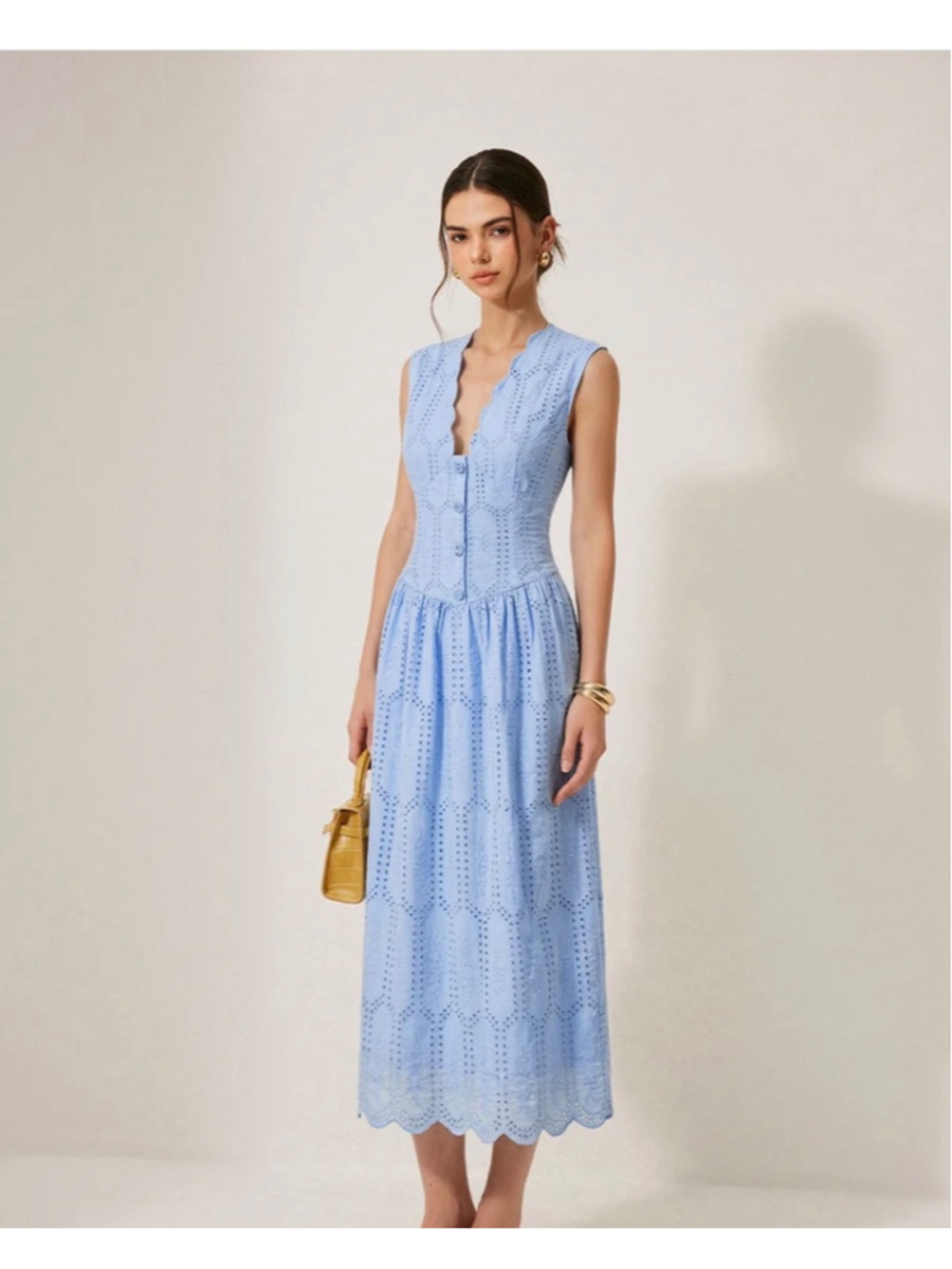 Commense Blue Embroidered Eyelet Midi Dress Size M Button Front Trad Wife